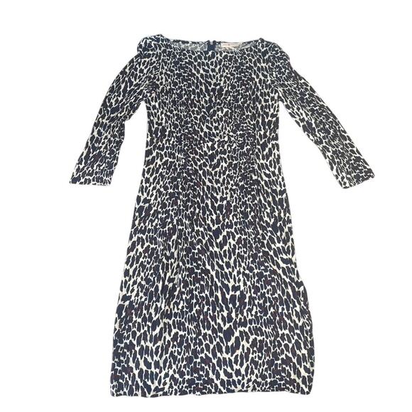 TORY BURCH Medium Blue Brown Leopard Cheetah 3/4 Sleeve Midi Dress Stretch - Picture 1 of 4